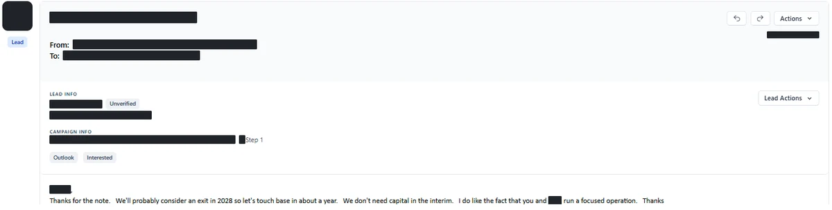Anonymised reply screenshot: We'll probably consider an exit in 2028 so let's touch base in about a year. Identifying details are blocked out.