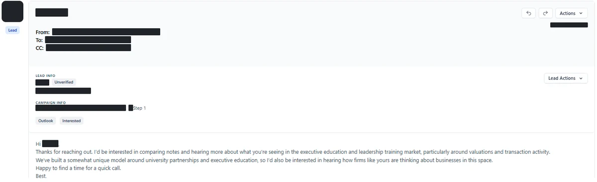 Anonymised reply screenshot: I'd be interested in comparing notes... Happy to find a time for a quick call. Identifying details are blocked out.