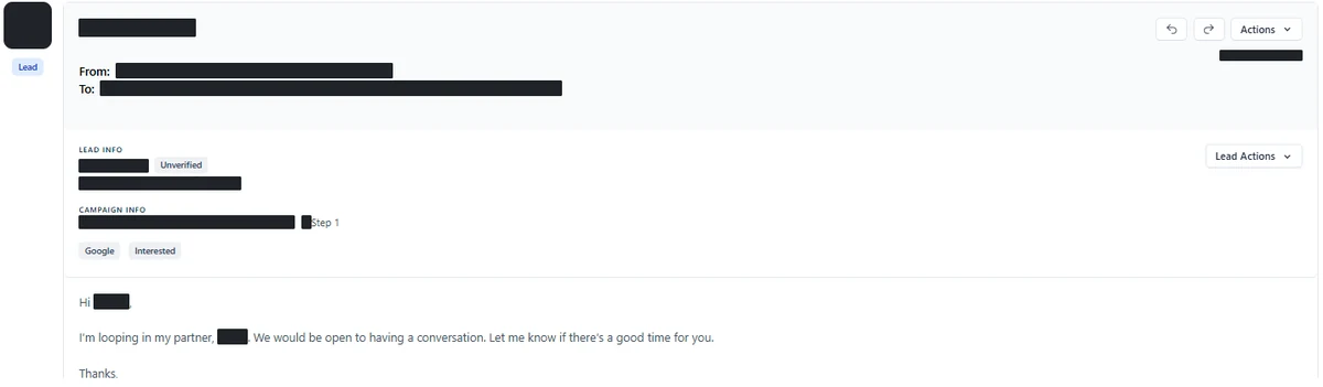 Anonymised reply screenshot: We would be open to having a conversation. Let me know if there's a good time for you. Identifying details are blocked out.