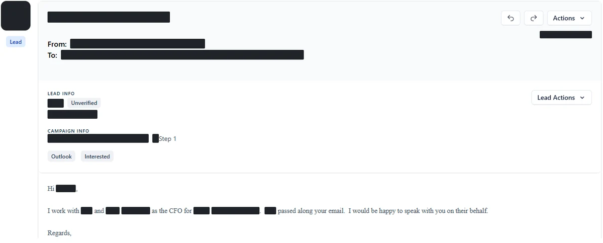 Anonymised reply screenshot: I would be happy to speak with you on their behalf. Identifying details are blocked out.