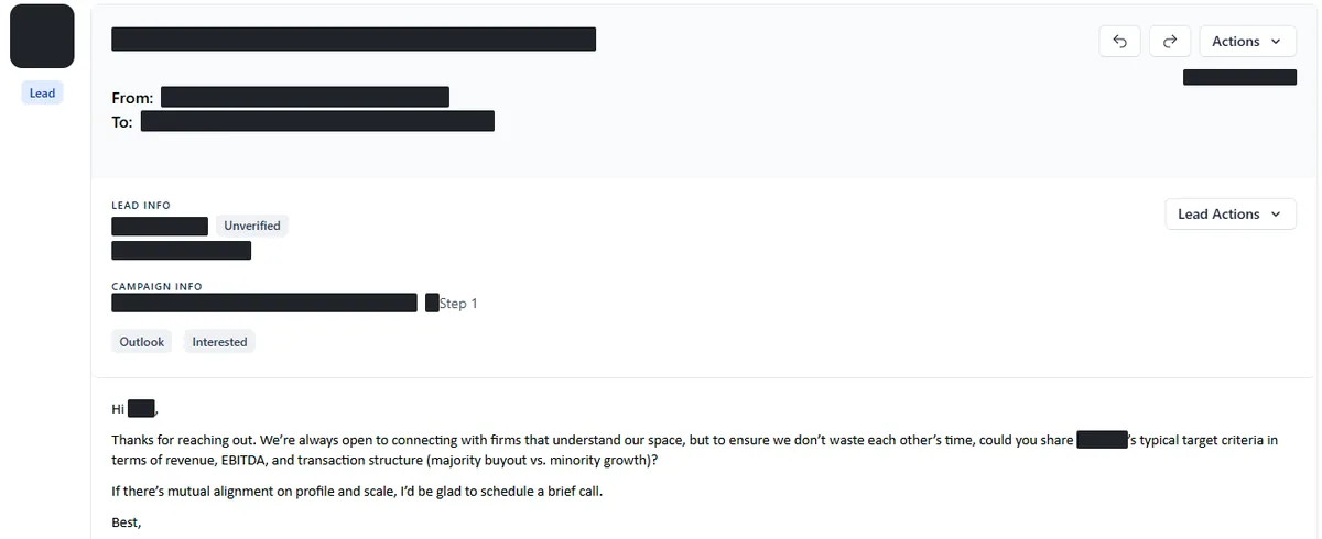 Anonymised reply screenshot: If there’s mutual alignment on profile and scale, I’d be glad to schedule a brief call. Identifying details are blocked out.