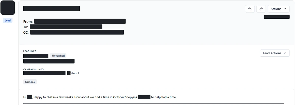 Anonymised reply screenshot: Happy to chat in a few weeks. How about we find a time in October? Identifying details are blocked out.
