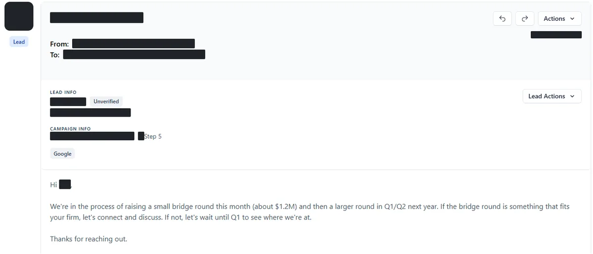Anonymised reply screenshot: If the bridge round is something that fits your firm, let's connect and discuss. Identifying details are blocked out.