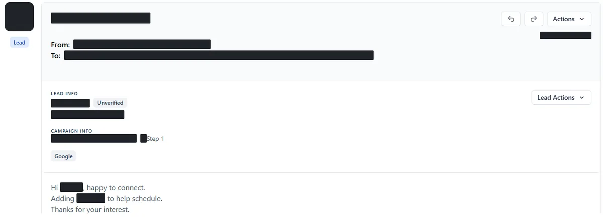 Anonymised reply screenshot: ...happy to connect. Adding ... to help schedule. Identifying details are blocked out.