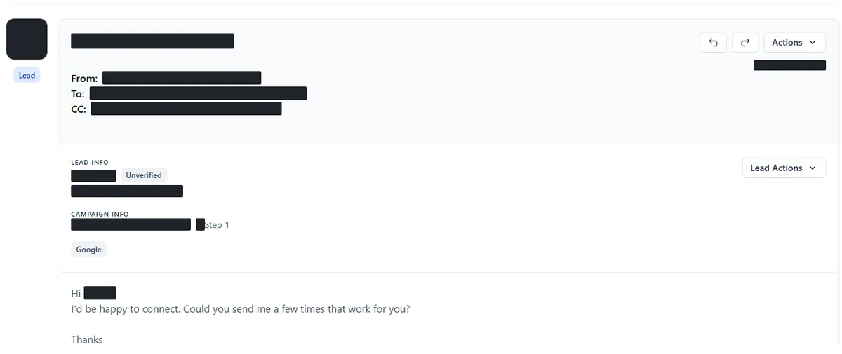 Anonymised reply screenshot: I'd be happy to connect. Could you send me a few times that work for you? Identifying details are blocked out.